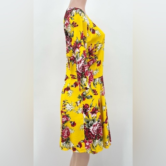 Ruby Rocks Yellow Floral Print 3/4 Sleeve Lightweight Dress - Picture 3 of 7